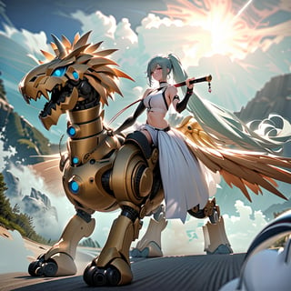 masterpiece ,1 Miku ,((big breast:1.1)),wearing a luxury white Tifa Lockhart(from final fantasy 7). riding 1 (yellow mechanical Ostrich), holding cloud's(from final fantasy 7) sword.
Background of beach bright light without shadows.
professional photography, super detailed, cinematic.,Cluttered maximalism, intricately detailed. ((superdetailed eyeliner)),high angle view
