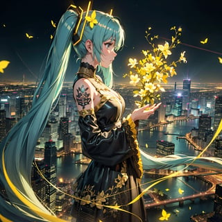 :photorealistic, side view, dreamatic dark city lighting, projected with yellow fantastic Syringa vulgaris-shaped lasers on miku's luxury night dress
,night club,light_painting