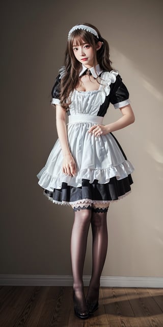 Best Quality, Masterpiece, Ultra HD, (Photorealistic: 1.4), RAW Photo, Blurred Background, Full Body Shot, Baby Face, (Teen: 1.5), 1girl, Solo, clad in a ((stocking)), cleavage cutout, edgy and alluring aesthetic, slender legs, ((intricately designed thighhighs)), black high-heel, Maid_Dress, restaurant background, Maid_Dress, maid attire, standing, straight up, maid attire
