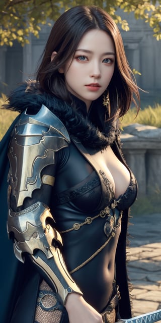 Masterpiece, Best Quality, Photorealistic, High Resolution, 8K Raw), looking at viewer, upper body, 1 girl, solo, long hair, (brown hair), big breasts, Light 
jinsoyun, black bodysuit, black cloak, black feather cloak, one-sided shoulder armor, fishnet, single gauntlet, bracelet, (holding sword, blue sword:1.3), outdoor, trees, flowers, ancient temple background