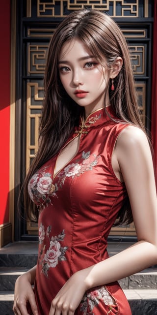 Girl, long hair, looking at viewer, brown hair, brown eyes,  medium breasts, parted lips, realistic.
(High quality, high resolution, high accuracy, UHD: 1.3, 4K High resolution rendering.)
PureErosFace_V1,heavy eye makeup
,face focus, wearing a red lace Chinese cheongsam.
Background Chinese court, whole body.