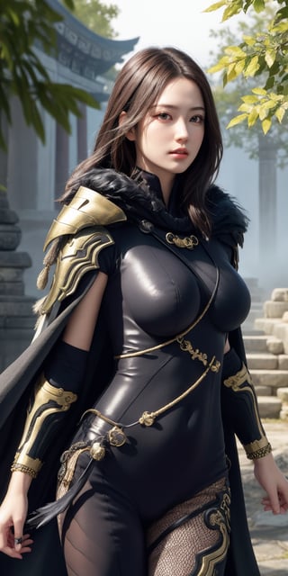 Masterpiece, Best Quality, Photorealistic, High Resolution, 8K Raw), looking at viewer, upper body, 1 girl, solo, long hair, (brown hair), big breasts, Light 
jinsoyun, black bodysuit, black cloak, black feather cloak, one-sided shoulder armor, fishnet, single gauntlet, bracelet, outdoor, trees, flowers, ancient temple background