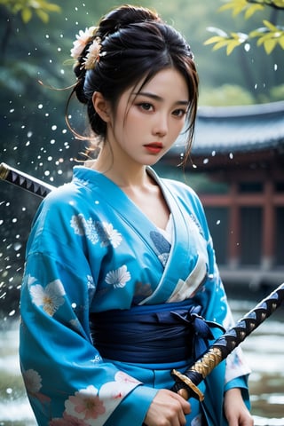 An epic realistic scene featuring a Japanese swordswoman holding a katana and wearing an ultra-detailed blue kimono with patterned and textured fabric, set against a background that features a water (splash art: 1.1) design .  