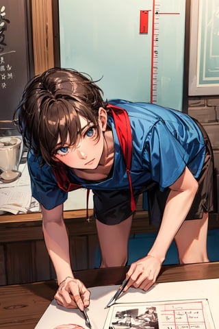 1male, solo, short brown hair, looking at viewer, servant clothes in blue and red, dark skin, he is getting spanked by ruler, bend over the table, 1 male, 21-year-old,  beauty,masterpiece,best quality,pastel,inksketch,Asia,Germany Male,1boy