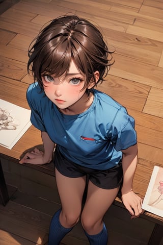 1boy, solo, short brown hair,  looking at viewer, top view, Attendant clothes in blue and red, dark skin, he is getting spanked, bend over the table, weak and pretty,1 boy, beauty,masterpiece,best quality,pastel,inksketch,Asia,Germany Male