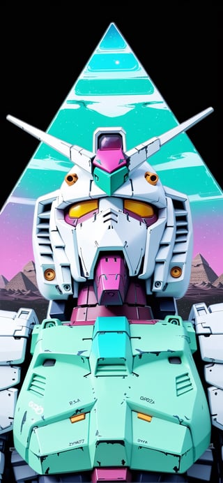Vaporwave aesthetic, symmetrical design, highly realistic RX-78GP02A closeup standing in front of pyramids,smooth clean lines, black purple cyan green, symmetrical composition, black starry background with pyramids,Gundam head,realistic matte and glossy metal textures, chopslash