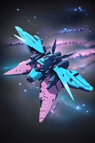 Gundam.Vidar, moth, gray purple cyan magenta, black starry sky background 