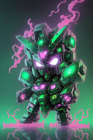 Leprechaun chibi Gundam, boom box, vaporwave aesthetic,purple cyan magenta,green