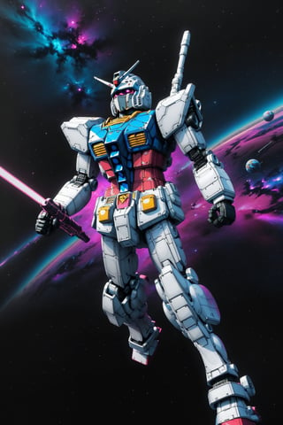 Hyper realistic, closeup, Gundam flying through space, realistic matte and glossy metal textures, background of black swirling night's sky with stars planets and galaxies, beam.sword, shield,vaporwave aesthetic,purple cyan magenta,digital artwork by Beksinski, 
