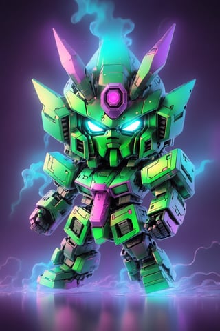 Leprechaun chibi Gundam, boom box, vaporwave aesthetic,purple cyan magenta,green