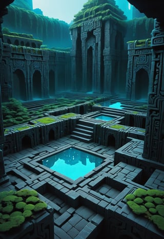 shadowrun_surface,niji style,arcane ruins,cyan hedge maze, ancient temple, smooth reflective black stone surfaces 