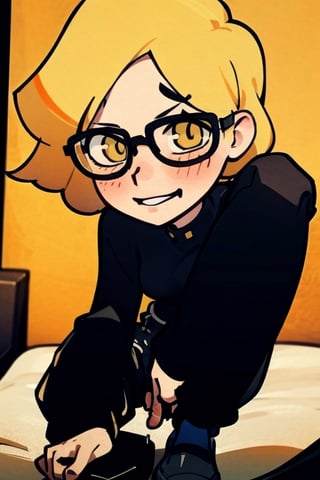 girl, black pants, black shoes, blonde, solo, nsfw,portrait,(best quality),tcoaal,glasses