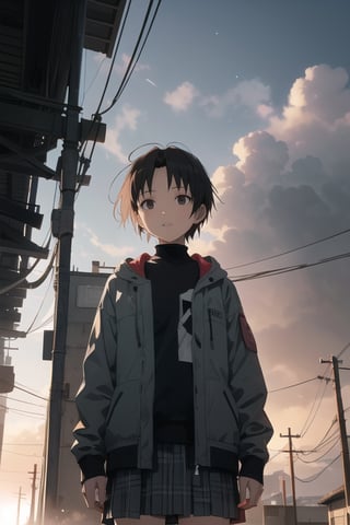 1girl, iwakura lain, cowboy shot, grey jacket, green skirt, plaid skirt, brown eyes, red bow, expressionless, outdoors, closed jacket, cloudy sky, dark_sky, perspective,free style, horror (theme), portrait, realistic, Mechagirl, midjourney, illustration, ASU1, fcloseup, rgbcolor, Lain Iwakura (Serial Experiments Lain), emotion, iwakura lain