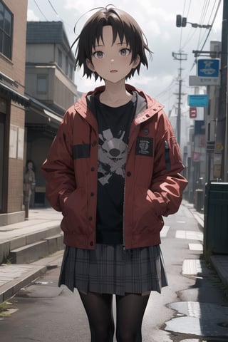 1girl, iwakura lain, cowboy shot, grey jacket, green skirt, plaid skirt, brown eyes, red bow, expressionless, outdoors, closed jacket, cloudy sky, dark_sky, perspective,free style, horror (theme), portrait, realistic, Mechagirl, midjourney, illustration, ASU1, fcloseup, rgbcolor, Lain Iwakura (Serial Experiments Lain), emotion, iwakura lain