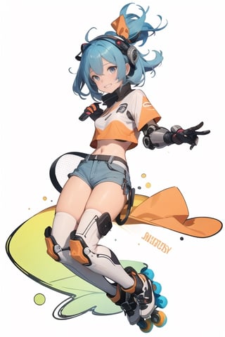 1girl, High detailed ,midjourney,perfecteyes,Color magic,urban techwear, cyborg,1girl, solo, gloves, roller_skates, fingerless_gloves, shorts, smile, thighhighs, skates, blue_hair, blue_shorts, black_eyes, looking_at_viewer, blush, long_hair, blue_gloves, midriff, white_background, short_sleeves, one_side_up, elbow_gloves, crop_top, character_name, full_body, breasts, simple_background, free style,horror (theme),portrait,realistic,Mechagirl,midjourney,illustration,ASU1,fcloseup,rgbcolor