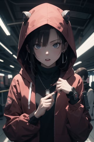 High detailed ,midjourney,perfecteyes,Color magic,urban techwear, cyborg,flower, solo, 1girl, looking_at_viewer, jewelry, hood, red_flower, jacket, long_sleeves, earrings, hood_down,  upper_body, black_jacket, holding, leaf, hand_up, shirt, red_hoodie, open_clothes, open_mouth, necklace, nail_polish, parted_lips, hoodie, eyelashes, free style,horror (theme),portrait,realistic,Mechagirl,midjourney,illustration,ASU1,fcloseup,rgbcolor,Lain Iwakura (Serial Experiments Lain)