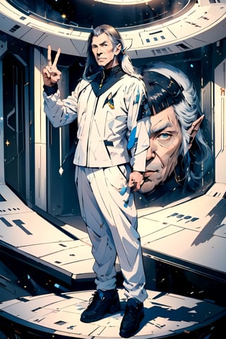 ((Leonard Nimoy as Mister Spock of Star trek, )) ((full body view.)) ((inside the Enterprise with its peace and prosperity hand sign)), (Masterpiece, Best Quality), (finely detailed eyes), (finely detailed eyes and detailed face), (extremely detailed CG, Ultra detailed, Best shadow), Beautiful conceptual illustration, (illustration), (extremely fine and detailed), (Perfect details), (Depth of field)