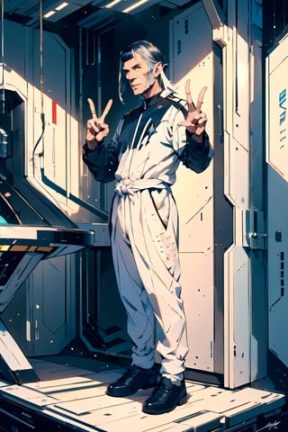 ((Leonard Nimoy as Mister Spock of Star trek, )) ((full body view.)) ((inside the Enterprise with its peace and prosperity hand sign)), (Masterpiece, Best Quality), (finely detailed eyes), (finely detailed eyes and detailed face), (extremely detailed CG, Ultra detailed, Best shadow), Beautiful conceptual illustration, (illustration), (extremely fine and detailed), (Perfect details), (Depth of field)