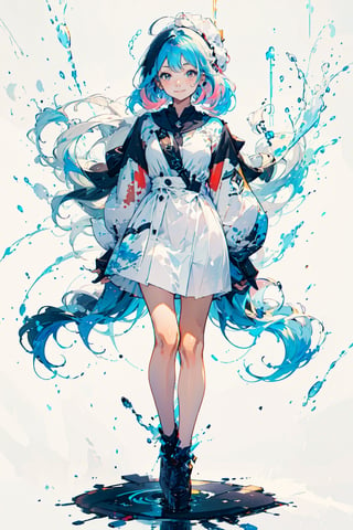 white background, (multicolored background, ink, colorful:1.2), straight-on, 1girl, solo, cute face, light blue hair, floating hair, timid smile, closed mouth, standing, arms behind back, (splashing), watercolor, (nice hands, perfect hands, detailed hands),Redayana