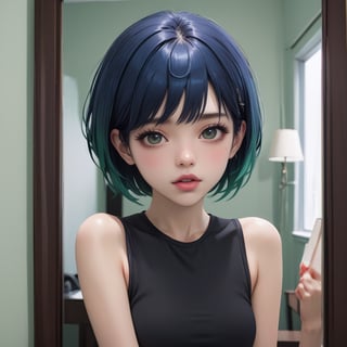 Girl with black shirt, short blue hair, pink lips, taking a selfie in front of a mirror in her light green room,Wonder of Beauty,Slender body,