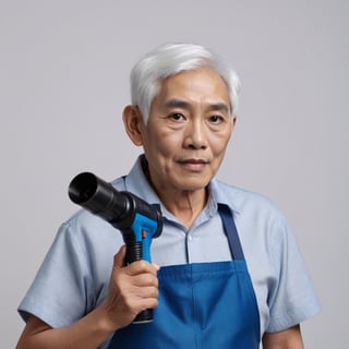Generate an image of an elderly Asian man with slightly white hair, a kind expression, wearing a blue apron, holding a spray gun, indoors, in the style of real portraits, with correct hand gestures, in high resolution