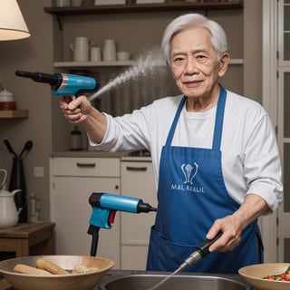 Generate an image of an elderly Asian man with slightly white hair, a kind expression, wearing a blue apron, holding a spray gun, indoors, in the style of real portraits, with correct hand gestures, in high resolution