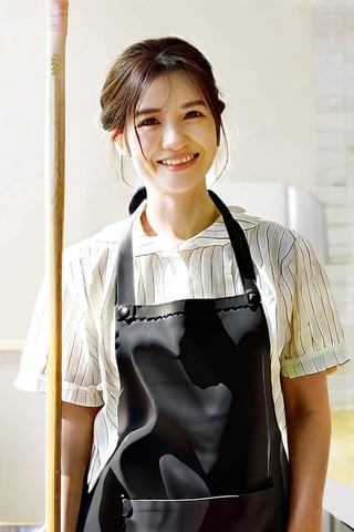 Looking at viewer, simple background, dark hair, upper body, small smile, apron, reality, cleaner, holding mop, old woman, elderly, cleaning tools