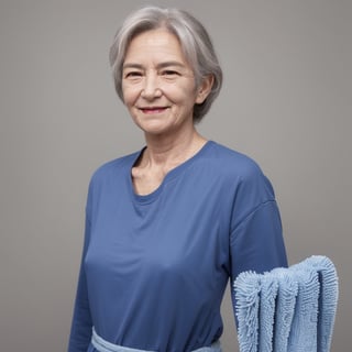 Generate an image of an elderly woman with dark hair, looking at the viewer, set against a simple background. Show her upper body to the waist, with a small smile, visible wrinkles, and holding a mop. She should be dressed as a cleaning worker. Ensure correct human anatomy. One person in the image, r
