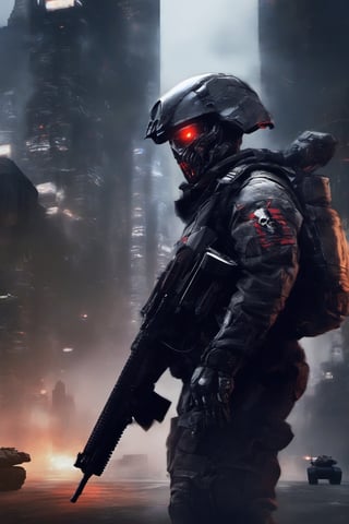 soldier, skull helmet, futuristic soldier,jinroh special forces, helghast, cyborg Power Nightcity Cyber Black Robot, dystopic ambient,background,night city ,tank, armored vehicle,