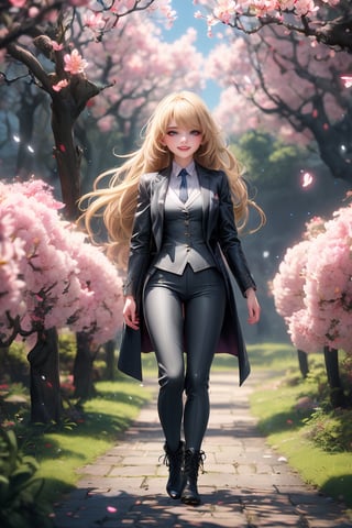 A digital illustration painting with soft pastels, a beautiful woman with long blonde hair in flow in a blue coat suit, grey long pants matching pink high heel boots, smiling, walking under the dense cherry trees, decorated, snowing sakura blossom flowing around, soft focus, silhouettes of trees framing the scenery, blue, black and pink colors blend gently, effect Bokeh background, very delicate, rim lighting, vivid, vibrant tones, und 8k