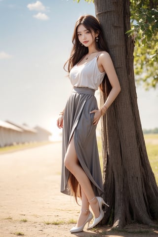 One girl (girl:1.3), big breast, brown long hair, Hair flowing in the wind,grey eyes, chlotes (grey skirt, cute dress, bracelet, earrings), (cute smile:1.2), high resolution, highly detailed, detailed background, perfect lighting, hair ornament, bracelet, (white pumps:1.1), full body, side view, background (high sun, rice camp, clean sky, one big tree, sunshine ),perfect,model posture,