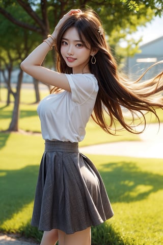 One girl (girl:1.3), big breast, brown long hair, Hair flowing in the wind,grey eyes,(big smile:1.2),  chlotes (skirt, cute dress, bracelet, earrings), cute smile, high resolution, highly detailed, detailed background, perfect lighting, hair ornament, bracelet, (white pumps:1.1), full body, side view, background (high sun, rice camp, clean sky, one big tree, sunshine ),perfect,walking posture,arms up