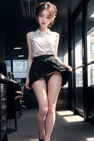 1 girl, solo, gwen stacy, brown hair, ((beautiful up-do hair)), ((sexy)), ((beautiful girl)), grey eyes,((detailed eyes)),masterpiece,best quality , intricate details,(white collared sleeveless shirt:1.2), business suit,(black narrow mini skirt:1.1),(skirt lift,panties),formal wear,(black pumps:1.2),office, bank employee, secretary, happy,(big sunny smile:1), big breasts,from below,(full body:1.2), skirt_lift,arm up