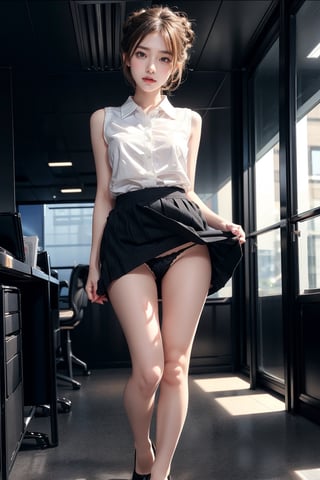 1 girl, solo, gwen stacy, brown hair, ((beautiful up-do hair)), ((sexy)), ((beautiful girl)), grey eyes,((detailed eyes)),masterpiece,best quality , intricate details,(white collared sleeveless shirt:1.2), business suit,(black narrow mini skirt:1.1),(skirt lift,panties),formal wear,(black pumps:1.2),office, bank employee, secretary, happy,(big sunny smile:1), big breasts,from below,(full body:1.2), skirt_lift,arm up