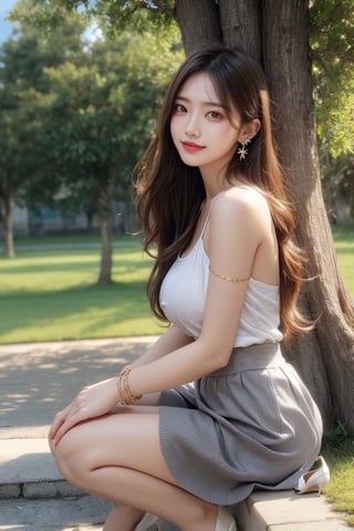 One girl (girl:1.3), big breast, brown long hair, Hair flowing in the wind,grey eyes, chlotes (grey skirt, cute dress, bracelet, earrings), (cute smile:1.2), high resolution, highly detailed, detailed background, perfect lighting, hair ornament, bracelet, (white pumps:1.1), full body, side view, background (high sun, rice camp, clean sky, one big tree, sunshine ),perfect,sexy posture,sitting