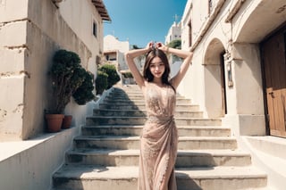 Princesa bonita, in long dress descends the stairs in Santorini,bright sunny smile. in style vogue/dior/armani, fashion photography, beautiful old buildings and sea in the background. high definition, trending on artstation, intricate details, highly detailed,arms up