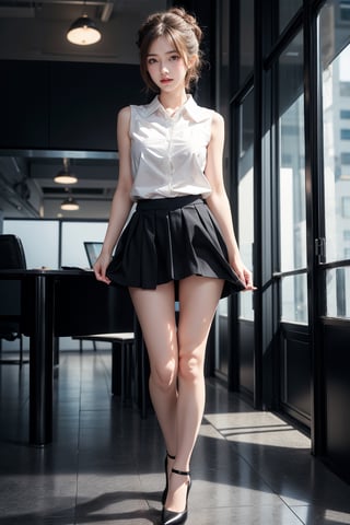 1 girl, solo, gwen stacy, brown hair, ((beautiful up-do hair)), ((sexy)), ((beautiful girl)), grey eyes,((detailed eyes)),masterpiece,best quality , intricate details,(white collared sleeveless shirt:1.2), business suit,(black narrow mini skirt:1.1),(skirt lift,panties),formal wear,(black pumps:1.2),office, bank employee, secretary, happy,(big sunny smile:1), big breasts,from below,(full body:1.2), skirt_lift,arm up