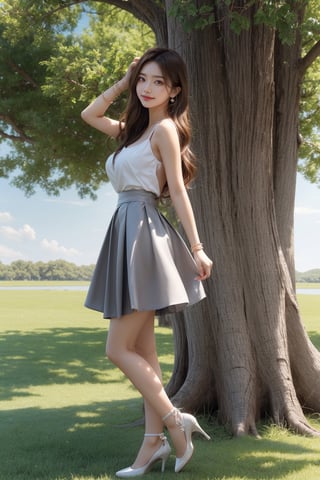 One girl (girl:1.3), big breast, brown long hair, Hair flowing in the wind,grey eyes, chlotes (grey skirt, cute dress, bracelet, earrings), (cute smile:1.2), high resolution, highly detailed, detailed background, perfect lighting, hair ornament, bracelet, (white pumps:1.1), full body, side view, background (high sun, rice camp, clean sky, one big tree, sunshine ),perfect,walking posture,arms up