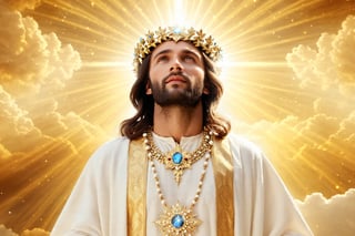 Ascension of Christ Jesus of Earth to heaven in the clouds, Gold crown and precious gems on your head, glowing light, rays of God, white clothes with glow, Extremely Realistic, hyper-realistic photography, 8k, excellent details, details in textures, real photo, light environment, excellent details