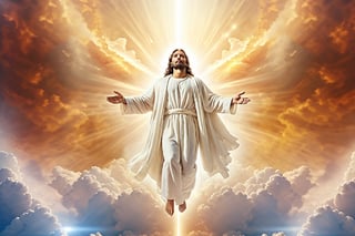 Ascension of Christ Jesus of Earth to heaven in the clouds, glowing light, rays of God, white clothes with glow, Extremely Realistic, hyper-realistic photography, 8k, excellent details, details in textures, real photo, light environment, excellent details