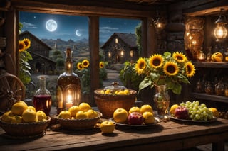 Bodegons of well detailed fruits end Old garage with barrel and old things, on an aging wood table, at night, with a wicker basket, a bottle of old wine, watches a little melted, old oil lamp with oxidized metal finishes, light rays From a window, and sunflower flower inside a glass vase.