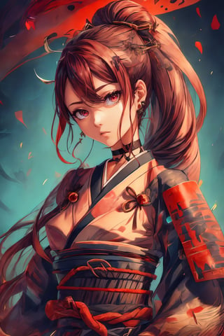 best quality, masterpiece, highres, solo, Yamada Asaemon Sagiri:1.15, brown_hair, long_hair, single hair bun, bangs, red_eyes, hair_between_eyes, sidelocks, jewelry, closed_mouth, ring, upper_body, ponytail,choker,samurai,yuigahama