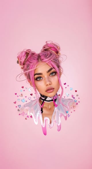 1girl, solo, looking at viewer, simple background, pink hair, heart, parted lips, tears, pink eyes, hair bun, double bun, pink background, portrait