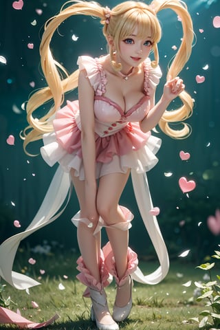 ((She wears pink frilled weeding dress, Pulling down the collar, Leaning forward, blond very long hair, Heart-shaped twintails, large breasts 2.0)), cute pose, large breasts, cleavage , blue eyes, (Masterpiece), full body shot, best quality, high resolution, highly detailed, detailed background, movie lighting, 1girl, idol, underbust, stage, stage lights, music, blush, sweet smile, sweat, concert, ruffles, confetti, hearts, hair accessories, hair bows, gems, jewelry, neon lights , bow tie , pointing, spotlight, sparkles, light particles, frame breasts, cross lace