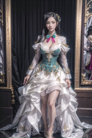She has black long hair , ((she wears blue evening dress 2.0)), charming smile, cute pose, large breasts, cleavage , green eyes, (Masterpiece), full body shot, best quality, high resolution, highly detailed, detailed background, movie lighting, 1girl, idol, underbust, stage, stage lights, music, blush, sweet smile, sweat, concert, ruffles, confetti, hearts, hair accessories, hair bows, gems, jewelry, neon lights , bow tie , pointing, spotlight, sparkles, light particles, frame breasts, cross lace, white stockings,ryuubi,lift skirt,1girl,seethrough_wedding_dress,seethrough_china_dress, red and gold dress,Angel,kan'u,ruanyi0263,xuer extravagant gown,cute swimsuit,ruanyi0254