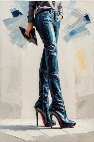 Haute couture fashion illustration, of high fashion high heel boots, dinamic pose (long shot:1.3)  || in the style of Jason Brooks, || oil paint, tonal transitions, high-energy, iconic, minimalistic, concept art, intricate detail, calligraphic lines. pastel drawing, illustrative art, soft lighting, more Flowing rhythm, elegant, low contrast, add soft blur with thin line, World character design, high-energy, minimalistic, concept art, in style of Soleil Ignacio, Megan Hess, Kerrie Hess, more detail XL, aw0k euphoric style, Masterpiece, Fashion Illustration, style, glide_fashion, monkren, aw0k euphoric style, oil painting,vapor_graphic, aesthetic portrait, style of Edvard Munch,artistic oil painting stick, eldmeisterOG,oil paint, fflixmj6, belinskaya, palette knife painting