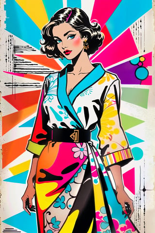 Vintage tshirt print design (on a white background:1.2), Retro Silhouette drawing of a Dior italian woman model from the front on the catwalk, with colors ink pop art blackground, delicate, filigram, centered, intricate details, illustration style, Katsushika Hokusa Style, ink sketch, comic book