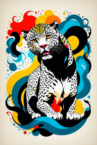 Vintage print design (on a white background:1.2), Silhouette drawing a rampant leopard, with colors ink pop art blackground, delicate, filigram, centered, intricate details, illustration style, Katsushika Hokusa Style, ink sketch, comic book,chinese dragon,Leonardo Style