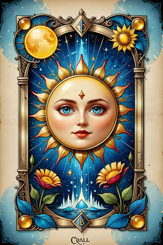 || Tarot card wit art deco frame, an ink drawing, a digital painting of The Sun, a bright rounded yellow sun with happy face over a clear light blue sky, decorative flowers ||  pen and ink, liquid ink, best quality, double exposure, vintage triadic colors, realistic artstyle, stylized urban fantasy artwork, stunning digital illustration, stylized urban fantasy artwork, beautiful digital illustration, mysterious and detailed image, in the style of Craola, Dan Mumford, Andy Kehoe, 2d, flat, vintage, cracked paper art, patchwork, detailed storybook illustration, cinematic, ultra highly detailed, mystical, luminism, vibrant colors, complex background,tarot card,comic book,on parchment,aw0k straightsylum, pen and ink, liquid ink, best quality, double exposure, vintage triadic colors, (tarot card:1.2), realistic artstyle, stylized urban fantasy artwork, stunning digital illustration, stylized urban fantasy artwork, beautiful digital illustration, mysterious and detailed image, in the style of Craola, Dan Mumford, Andy Kehoe, 2d, flat, vintage, cracked paper art, patchwork, detailed storybook illustration, cinematic, ultra highly detailed, mystical, luminism, vibrant colors, complex background,tarot card,comic book,on parchment