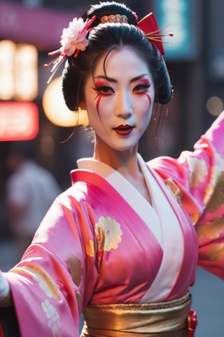 close up cinematic photo of a geisha dancing in the street, wielding a fan in one hand in Neo-Tokyo, cinematic, 4k, 8k uhd, dslr, soft lighting, high quality, film grain,ktrmkp  face paint,photorealistic,Masterpiece,ktrmkp  makeup,ktrmkp,makeup,Vogue